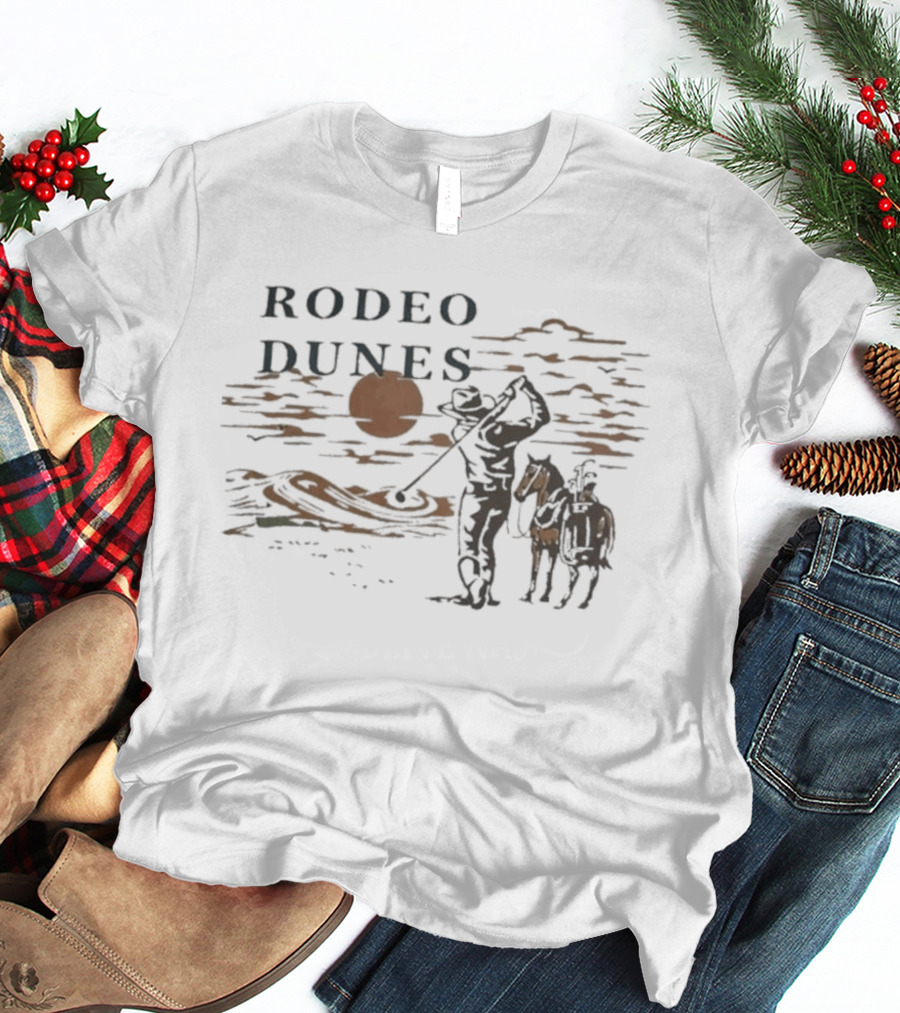 Rodeo Dunes Golf Cowboy With Horse Under Sunset Clouds T-Shirt