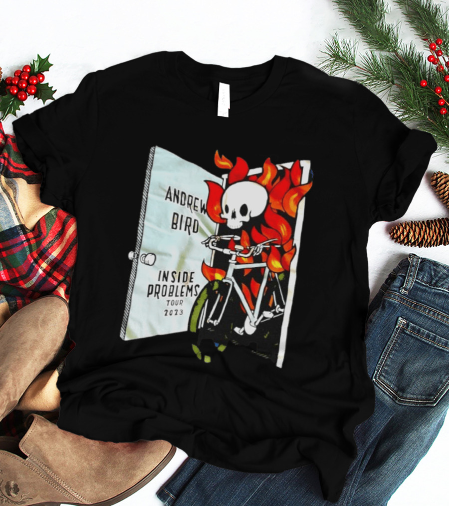 Andrew Bird Inside Problems Tour 2023 Flaming Skeleton On Bicycle T-Shirt