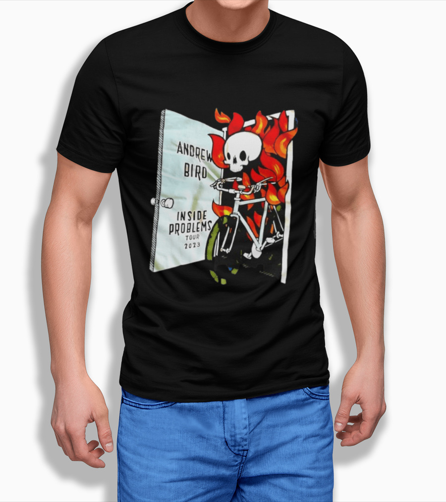 Andrew Bird Inside Problems Tour 2023 Flaming Skeleton On Bicycle T-Shirt