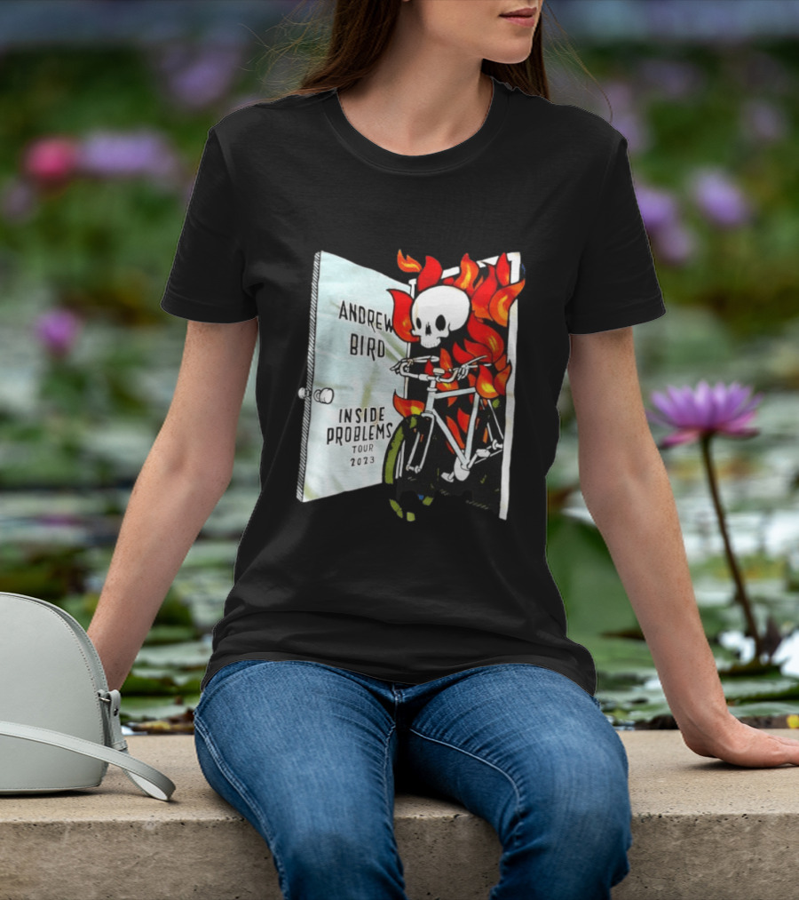 Andrew Bird Inside Problems Tour 2023 Flaming Skeleton On Bicycle T-Shirt