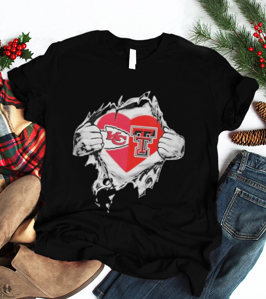 Chiefs Texas Tech Red Raiders Heart Emblem Torn Reveal T-Shirt