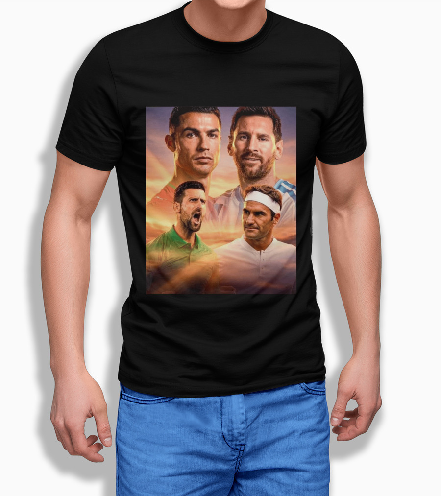 Cristiano Ronaldo Lionel Messi Novak Djokovic Roger Federer GOAT Sports Legends Celebrating Iconic Athletes T-Shirt