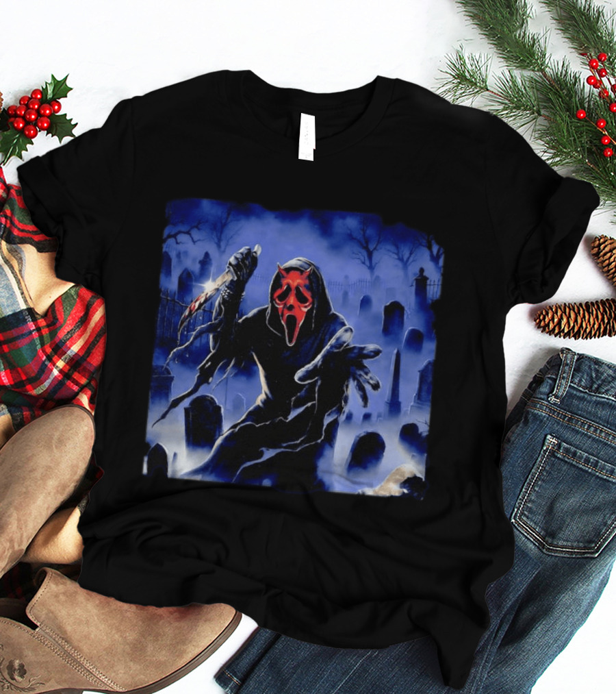 Ghostface Scream Devil Mask With Knife In Cemetery T-Shirt