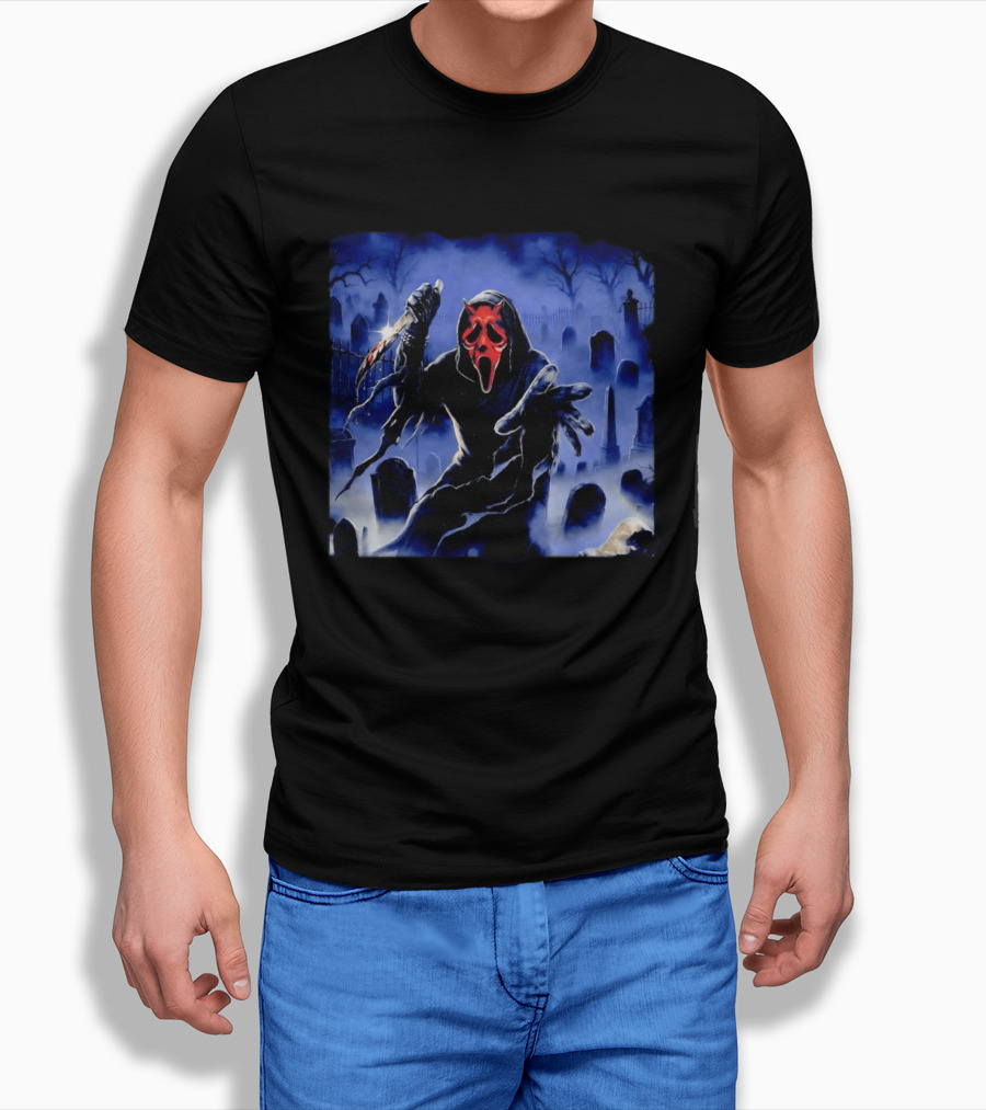 Ghostface Scream Devil Mask With Knife In Cemetery T-Shirt