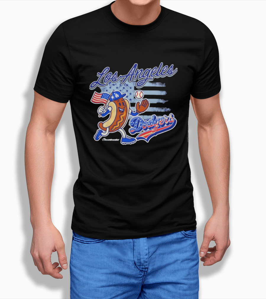 Los Angeles Dodgers Hot Dog Baseball American Flag Stars T-Shirt