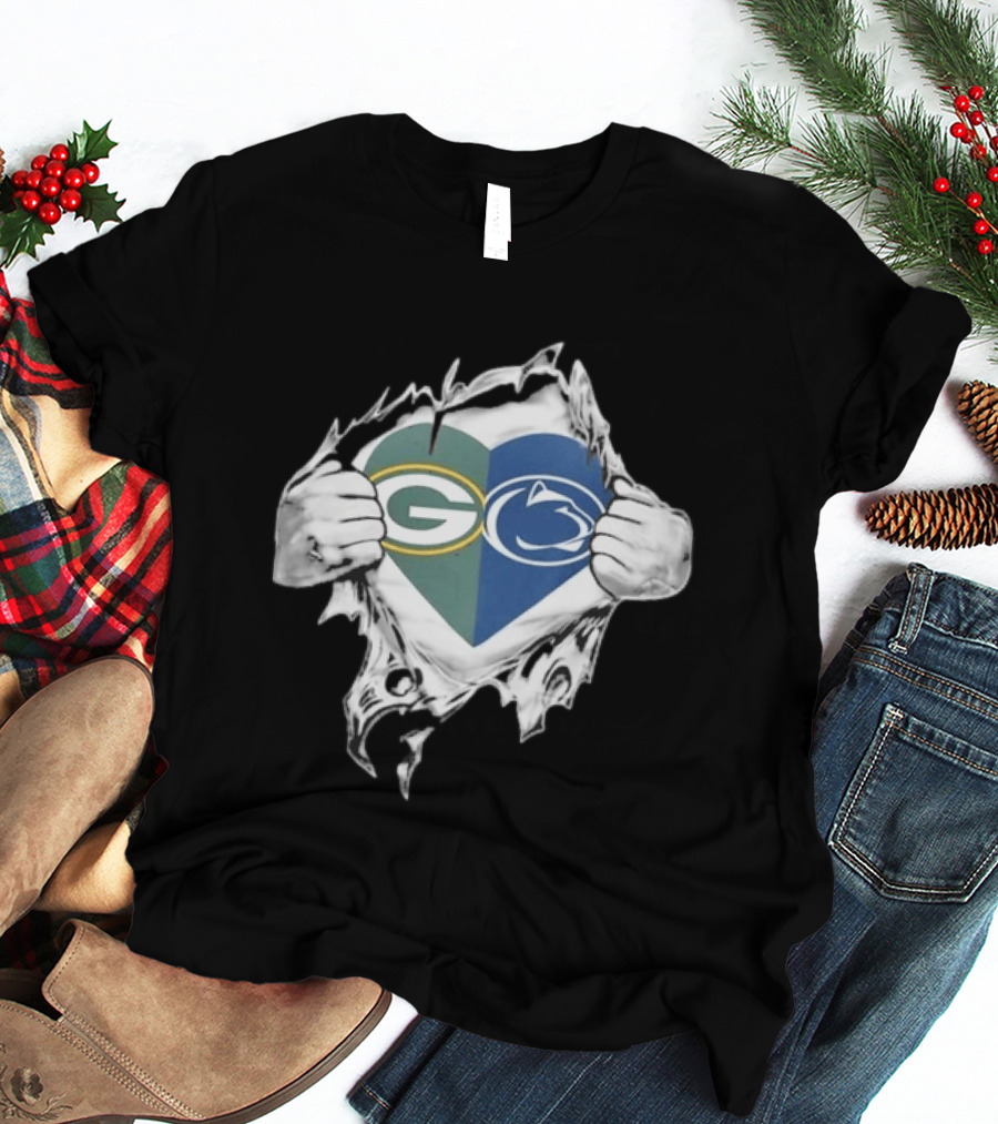 Packers Penn State Heart Icon Featuring Green Bay And Nittany Lions Logos T-Shirt