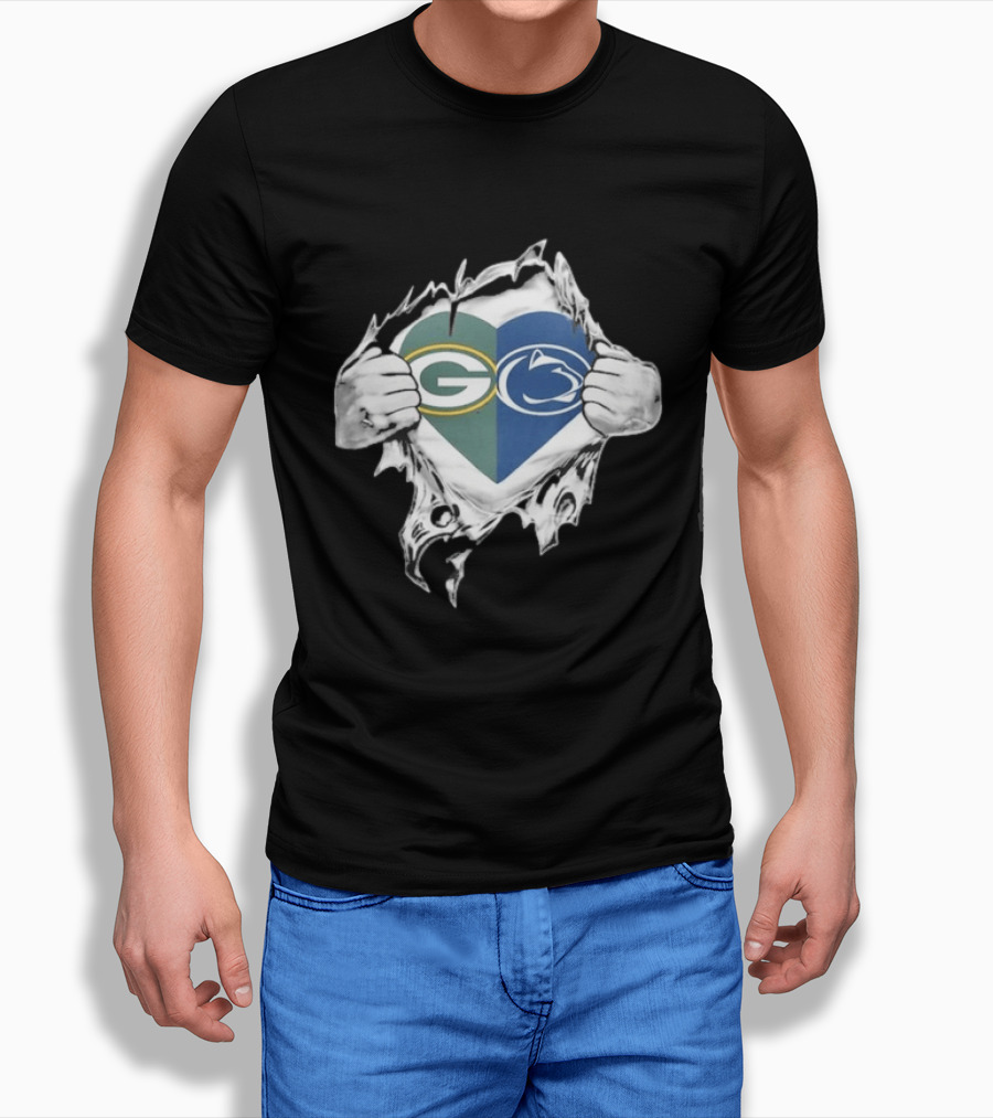 Packers Penn State Heart Icon Featuring Green Bay And Nittany Lions Logos T-Shirt