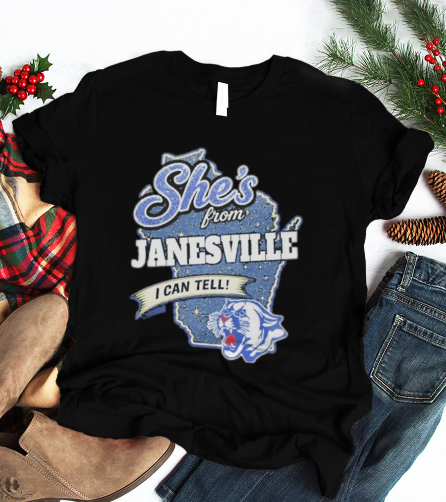 She's From Janesville I Can Tell With Wisconsin Map And Wildcat T-Shirt