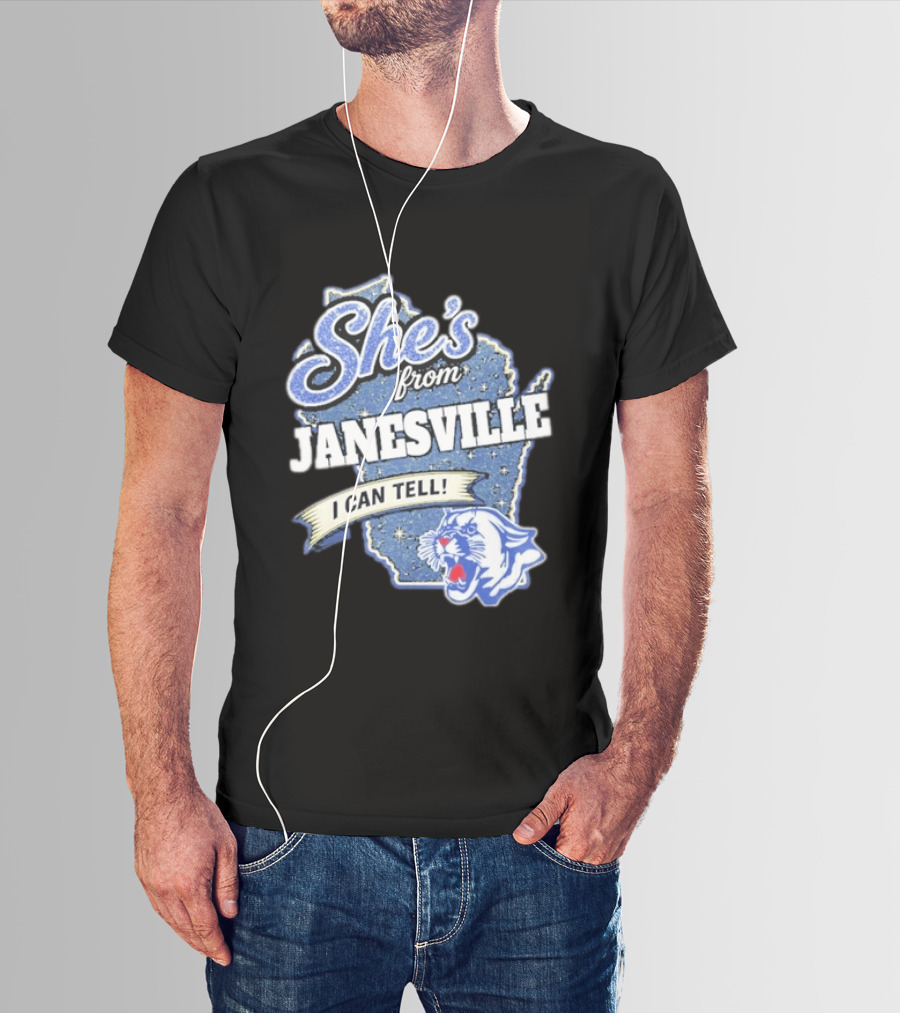 She's From Janesville I Can Tell With Wisconsin Map And Wildcat T-Shirt