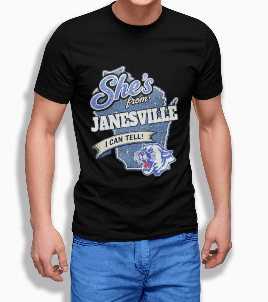 She's From Janesville I Can Tell With Wisconsin Map And Wildcat T-Shirt