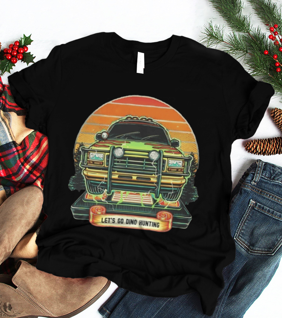 Jurassic Park Let's Go Dino Hunting Adventure Off Road Vehicle Sunset Scene T-Shirt