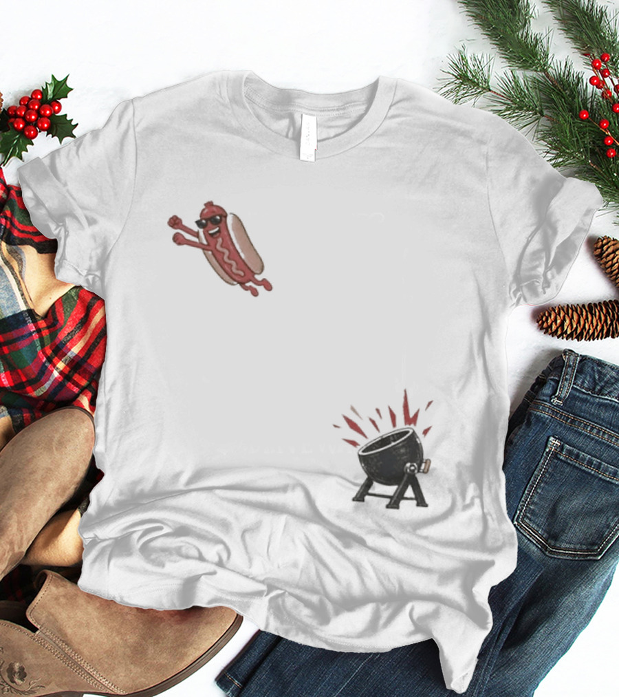 Hot Dog Jumping Into Grill Cartoon T-Shirt