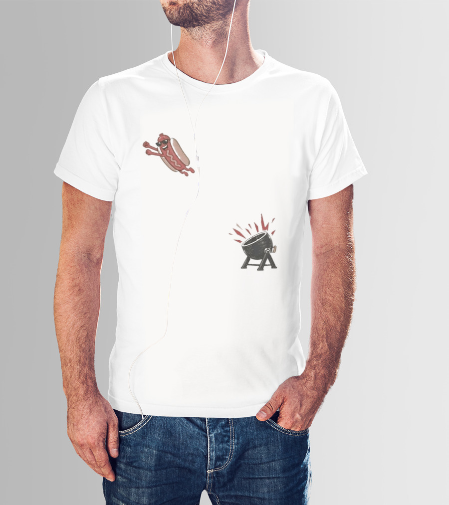 Hot Dog Jumping Into Grill Cartoon T-Shirt