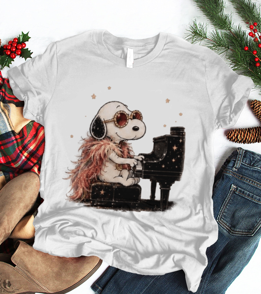 Snoopy Elton John Playing Piano Under Starry Nights T-Shirt
