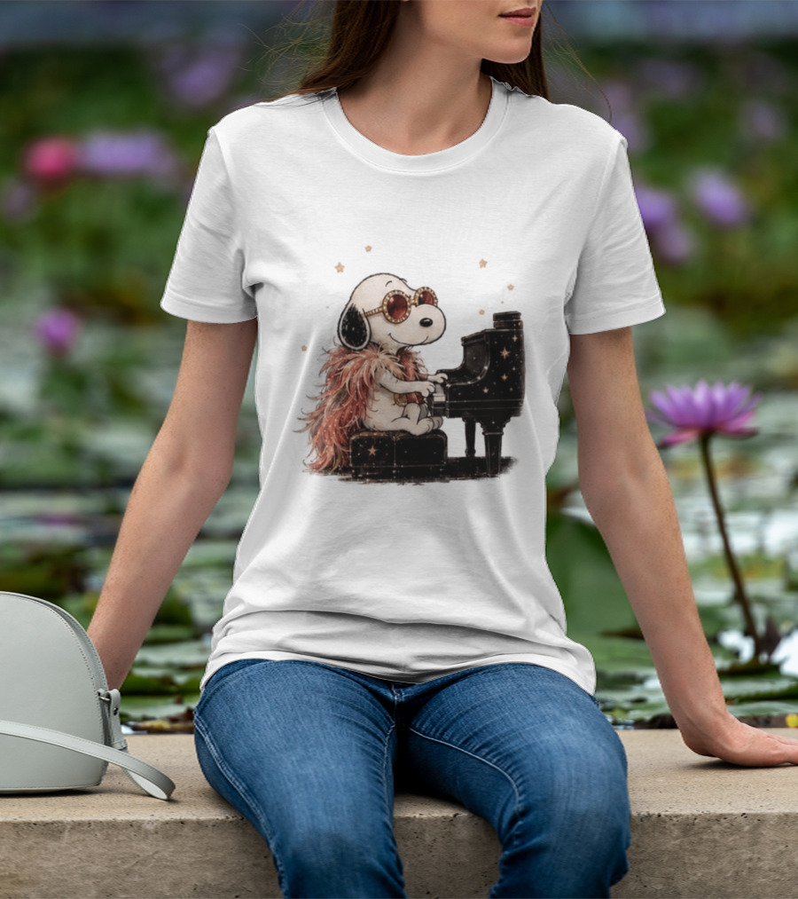 Snoopy Elton John Playing Piano Under Starry Nights T-Shirt