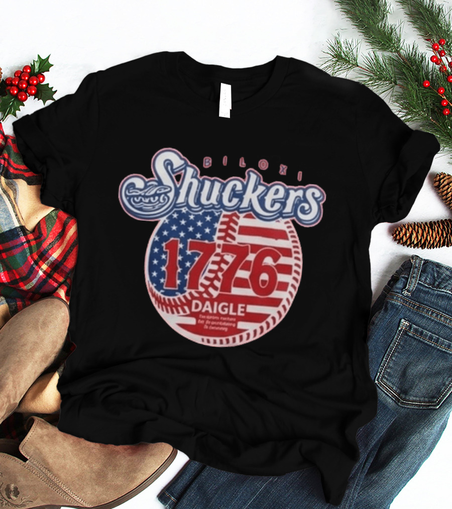 Biloxi Shuckers 1776 American Flag Baseball Daigle Text Stars Stripes T-Shirt