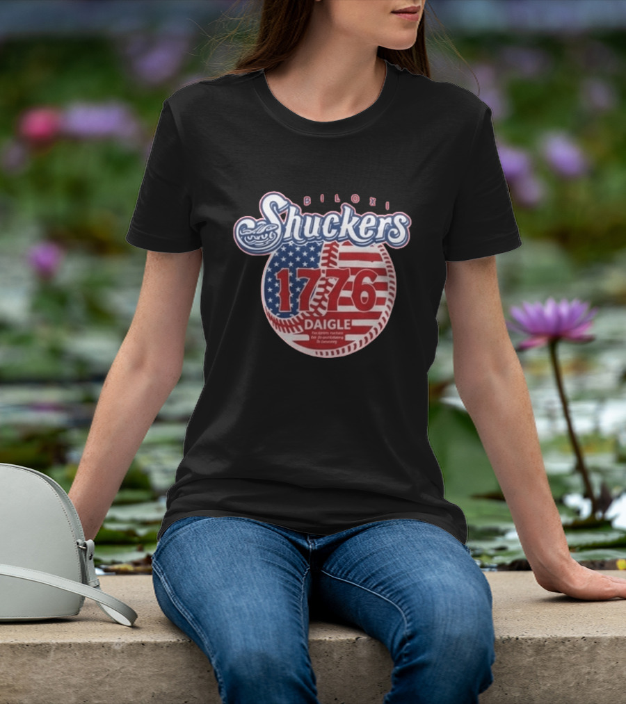 Biloxi Shuckers 1776 American Flag Baseball Daigle Text Stars Stripes T-Shirt