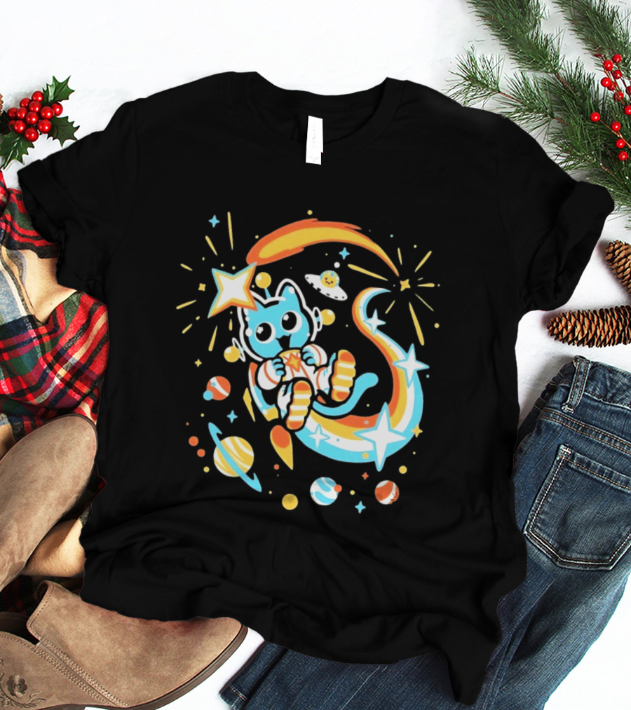 Cosmic Cat Cosmonaut Adventure In Stardust Space With Planets And Shooting Stars T-Shirt