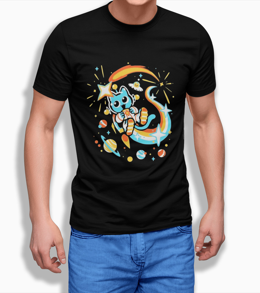 Cosmic Cat Cosmonaut Adventure In Stardust Space With Planets And Shooting Stars T-Shirt
