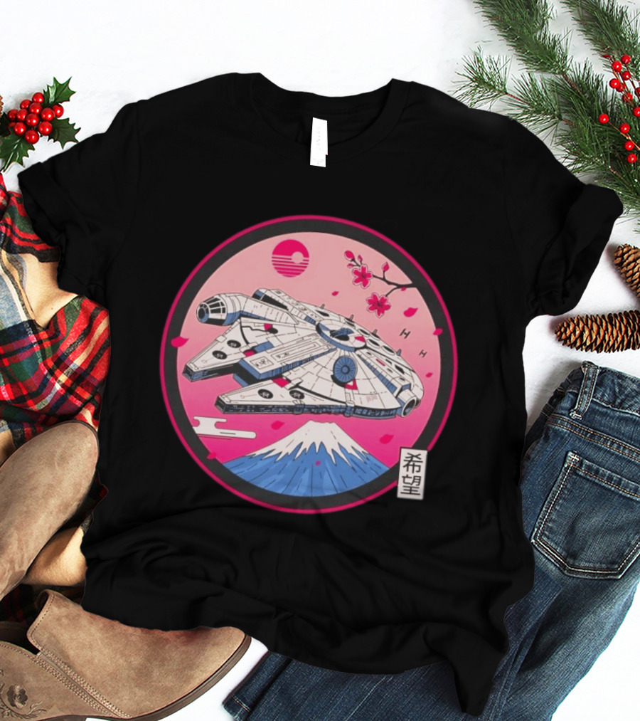 Millennium Falcon Over Fuji Cherry Blossoms Hope Kanji Circle T-Shirt