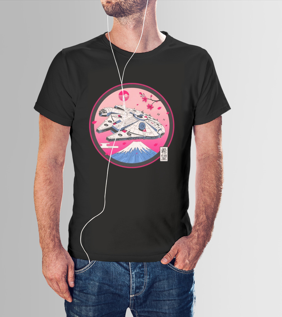 Millennium Falcon Over Fuji Cherry Blossoms Hope Kanji Circle T-Shirt