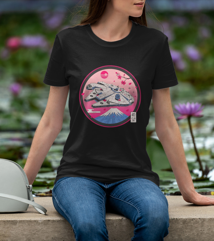 Millennium Falcon Over Fuji Cherry Blossoms Hope Kanji Circle T-Shirt
