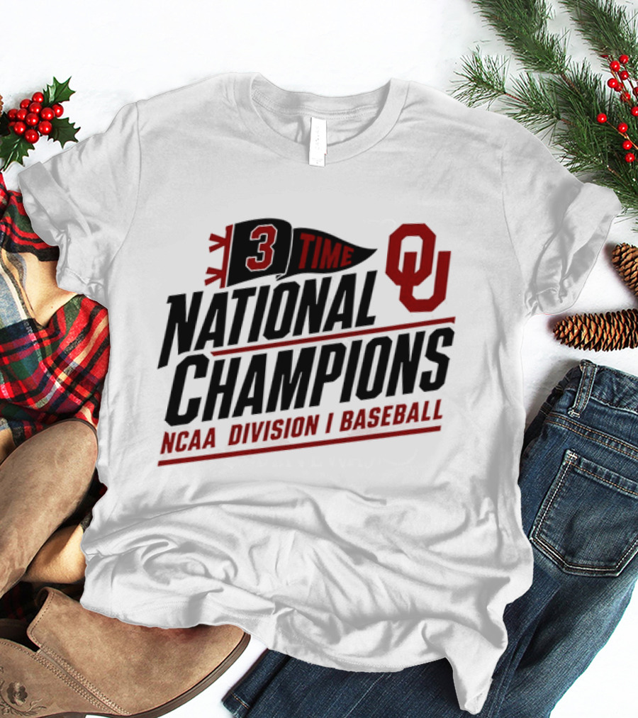 3 Time National Champions OU NCAA Division I Baseball T-Shirt