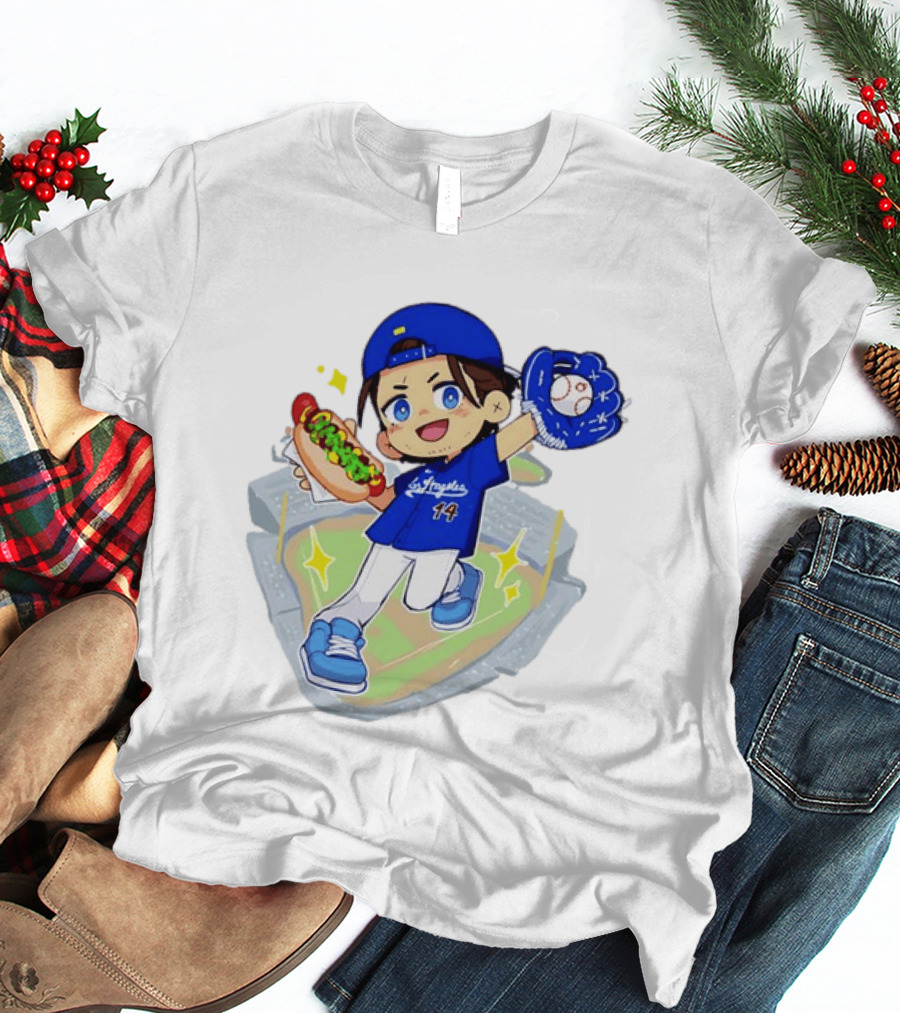 Enrique Hernandez Los Angeles Dodgers 14 Cartoon Style Baseball Glove And Hot Dog T-Shirt