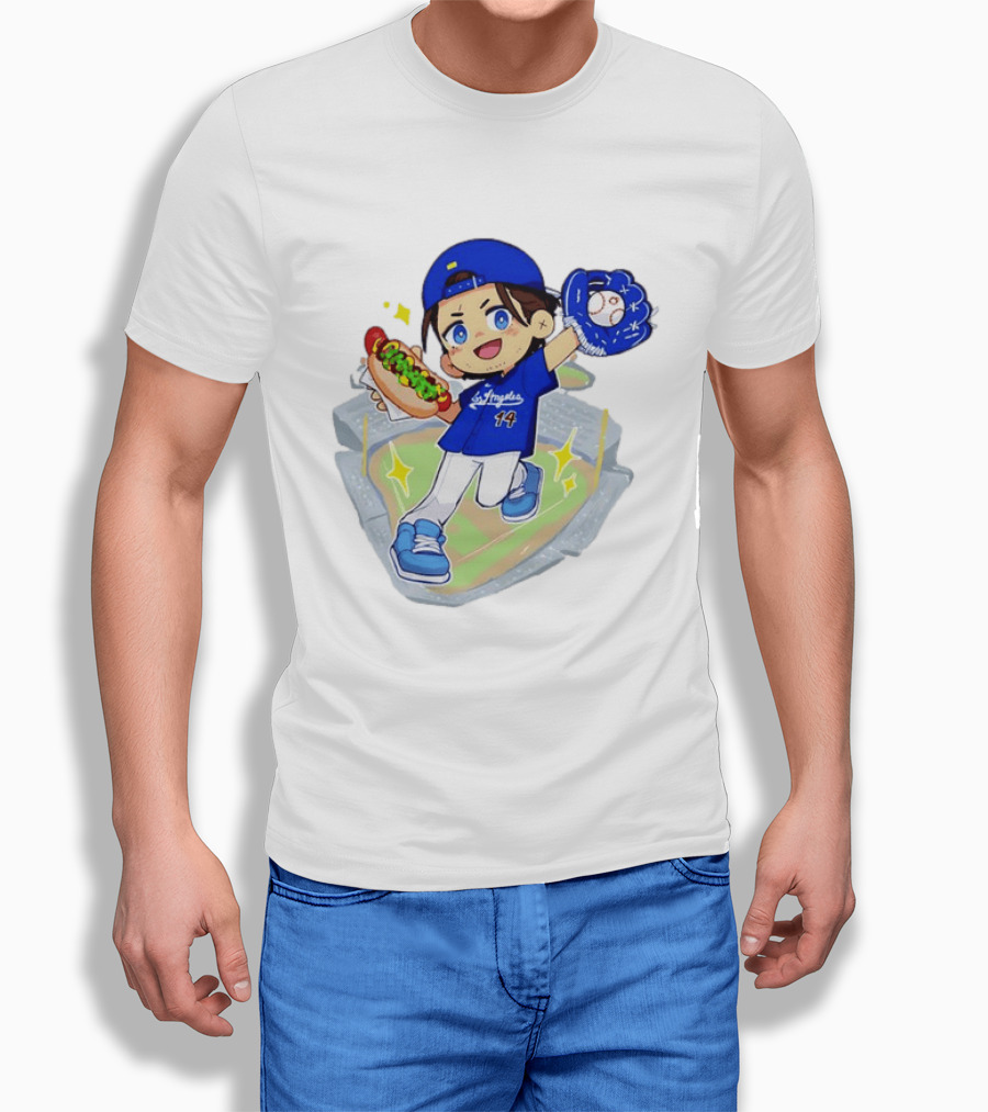 Enrique Hernandez Los Angeles Dodgers 14 Cartoon Style Baseball Glove And Hot Dog T-Shirt