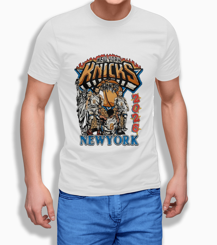 New York Knicks 2026 Champs Jalen Brunson OG Anunoby Josh Hart Statue Of Liberty T-Shirt
