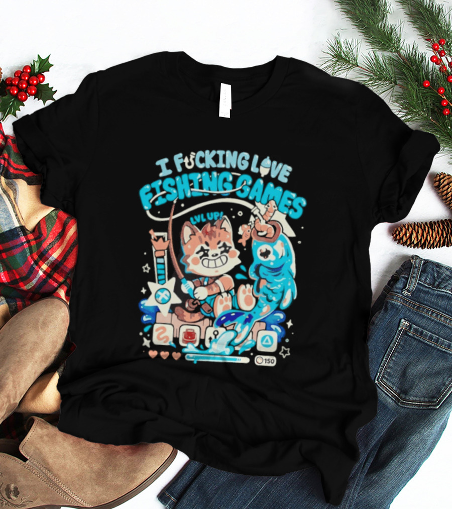 I Fucking Love Fishing Games XP Splash Cute Cat With Fish And Hearts T-Shirt