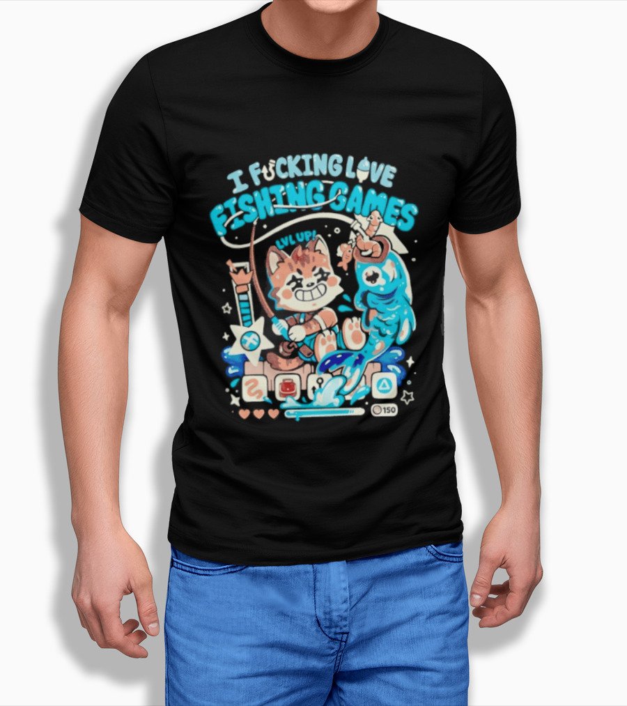 I Fucking Love Fishing Games XP Splash Cute Cat With Fish And Hearts T-Shirt