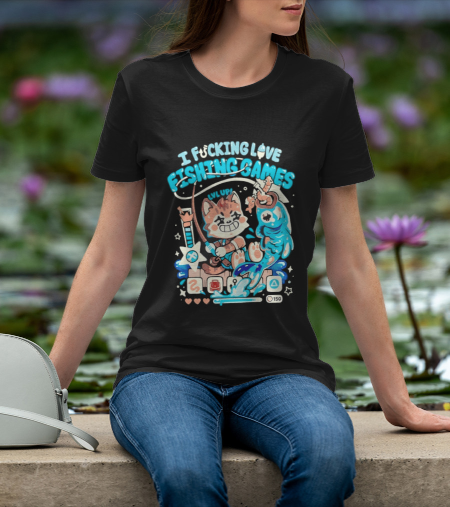 I Fucking Love Fishing Games XP Splash Cute Cat With Fish And Hearts T-Shirt