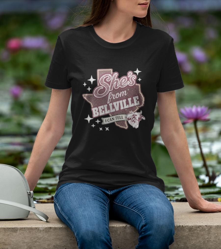 She's From Bellville I Can Tell Texas Map Stars Cowhead T-Shirt