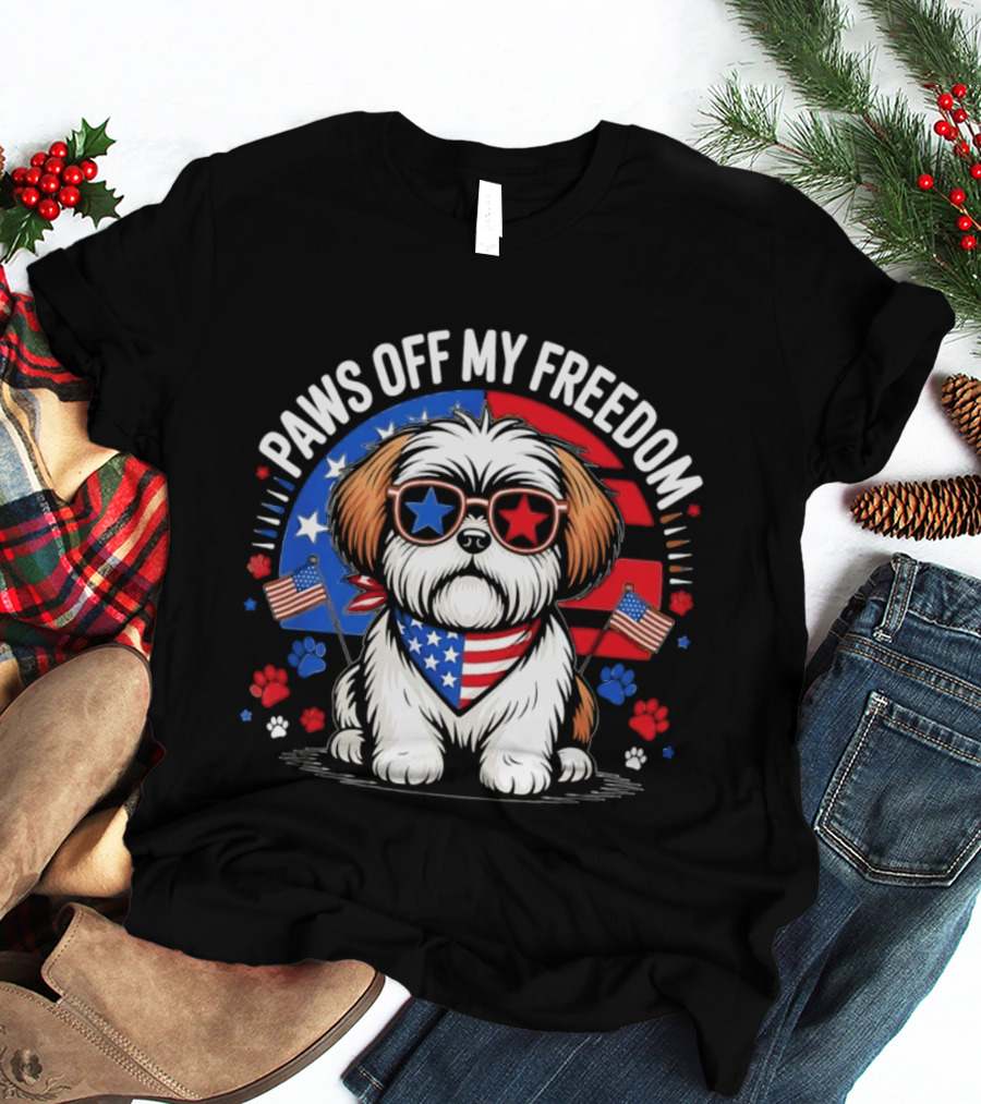 Paws Off My Freedom Shih Tzu American Flag Sunglasses Stars And Stripes T-Shirt