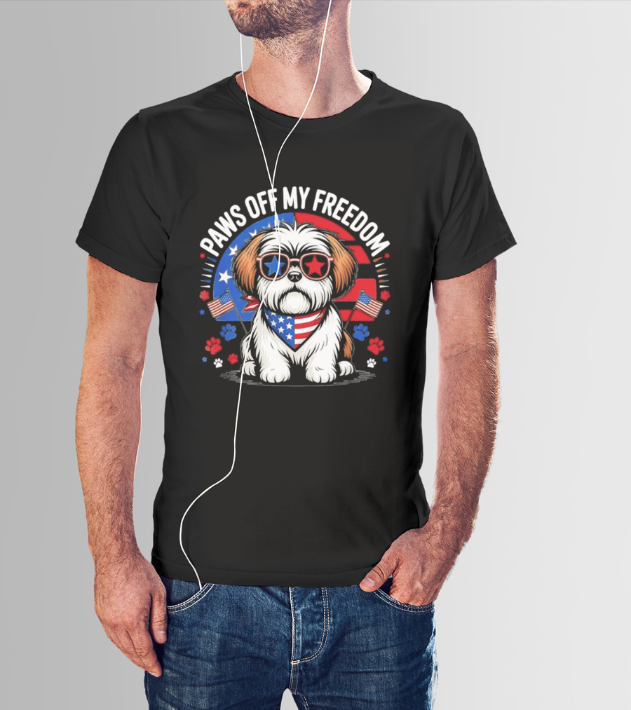 Paws Off My Freedom Shih Tzu American Flag Sunglasses Stars And Stripes T-Shirt