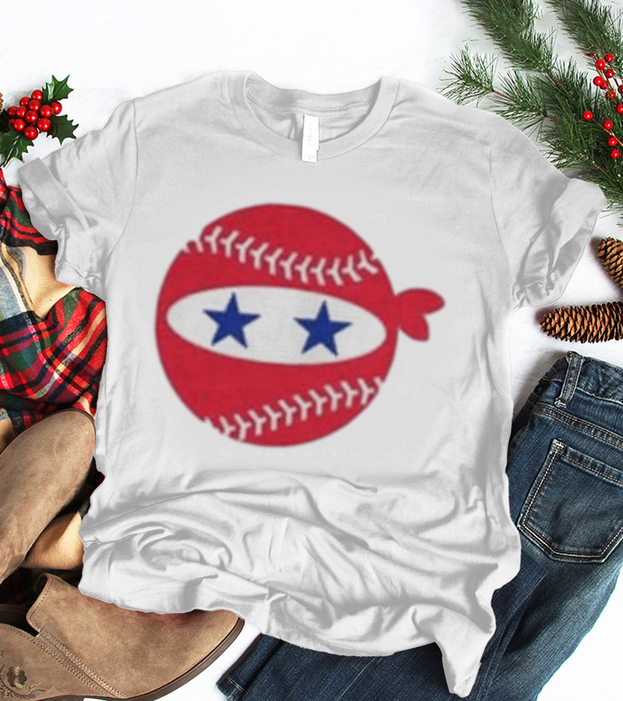 Pitching Ninja Baseball Two Blue Stars Red Baseball Stitches T-Shirt