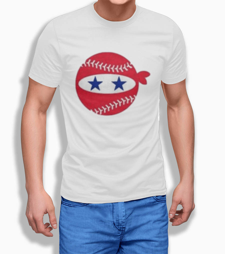 Pitching Ninja Baseball Two Blue Stars Red Baseball Stitches T-Shirt