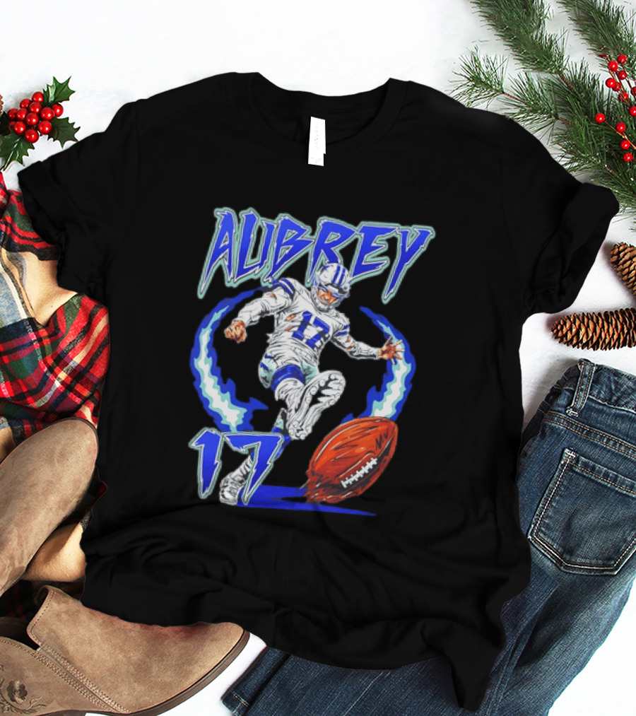 Aubrey 17 Dallas Football Player Kicking With Blue Lightning T-Shirt