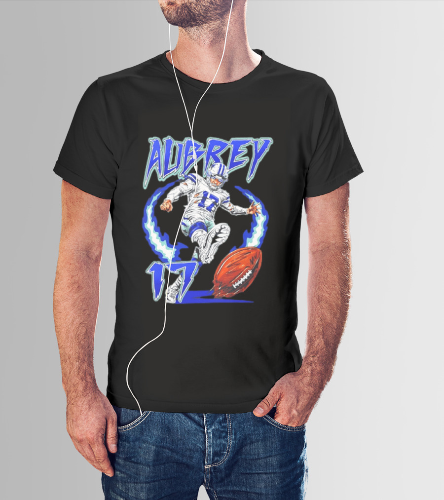 Aubrey 17 Dallas Football Player Kicking With Blue Lightning T-Shirt