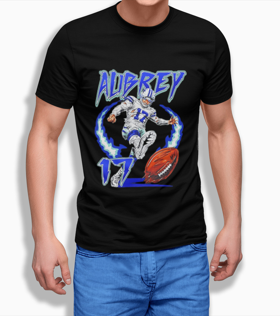 Aubrey 17 Dallas Football Player Kicking With Blue Lightning T-Shirt