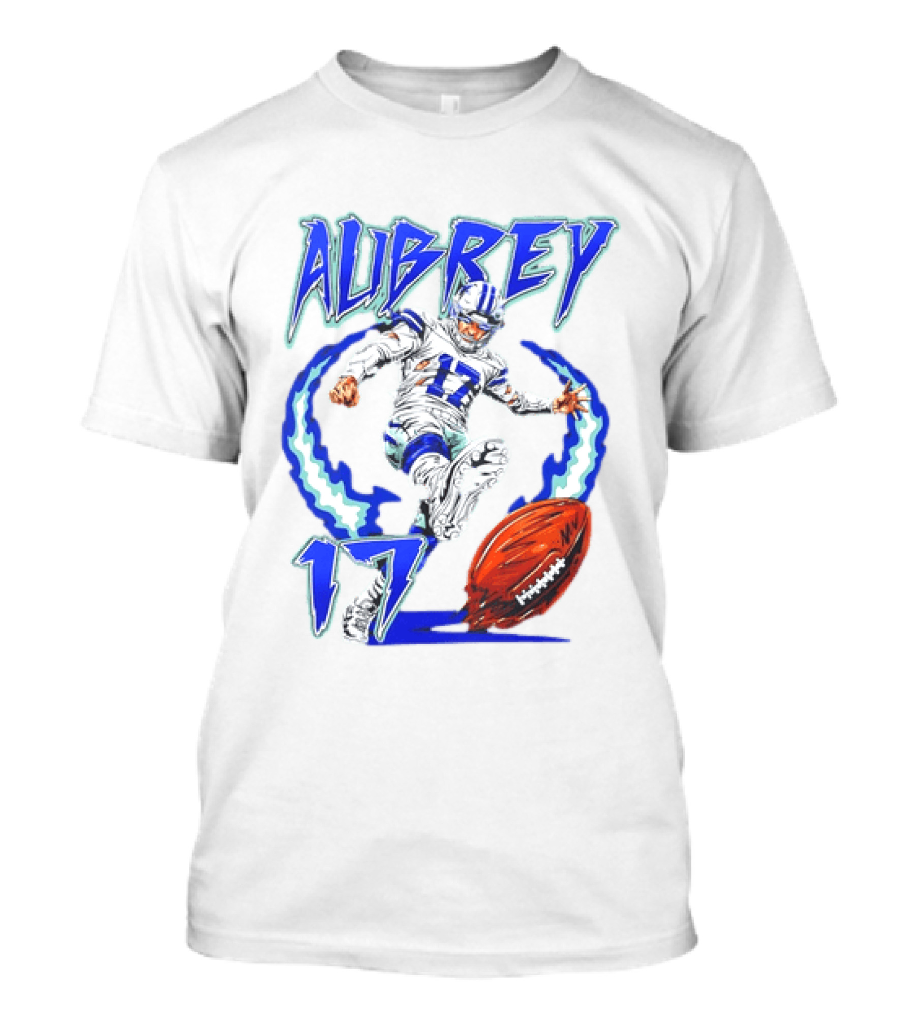 Aubrey 17 Dallas Football Player Kicking With Blue Lightning T-Shirt