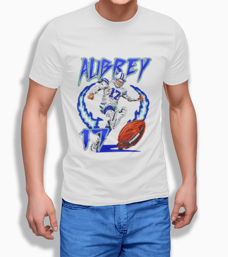 Aubrey 17 Dallas Football Player Kicking With Blue Lightning T-Shirt