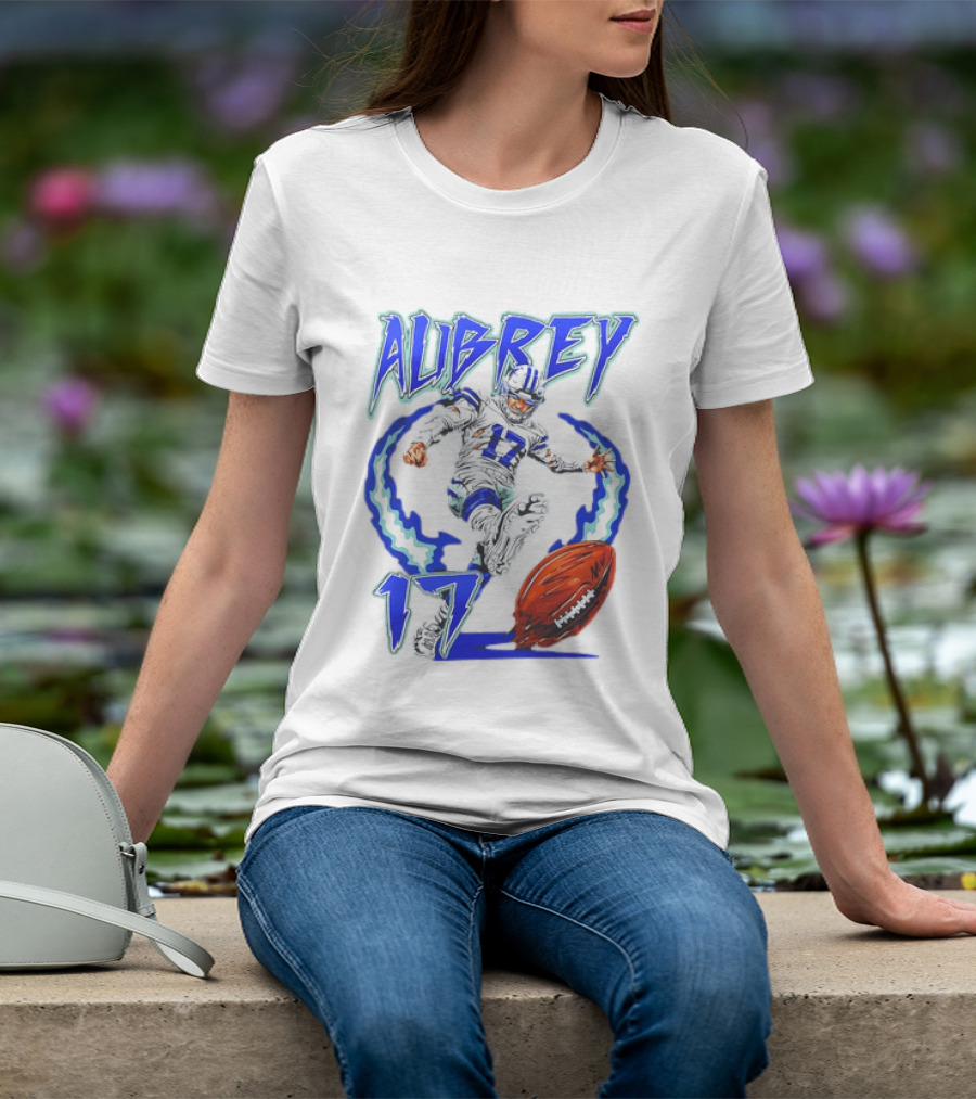 Aubrey 17 Dallas Football Player Kicking With Blue Lightning T-Shirt