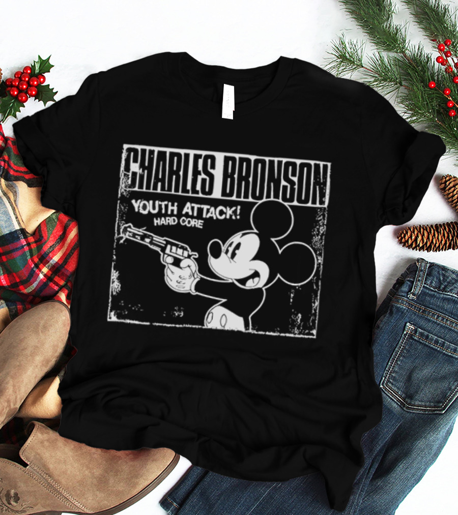 Charles Bronson Youth Attack Hard Core Mickey Mouse Holding Gun T-Shirt