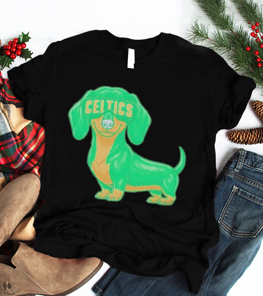 Boston Celtics Dachshund Cartoon Glasses T-Shirt