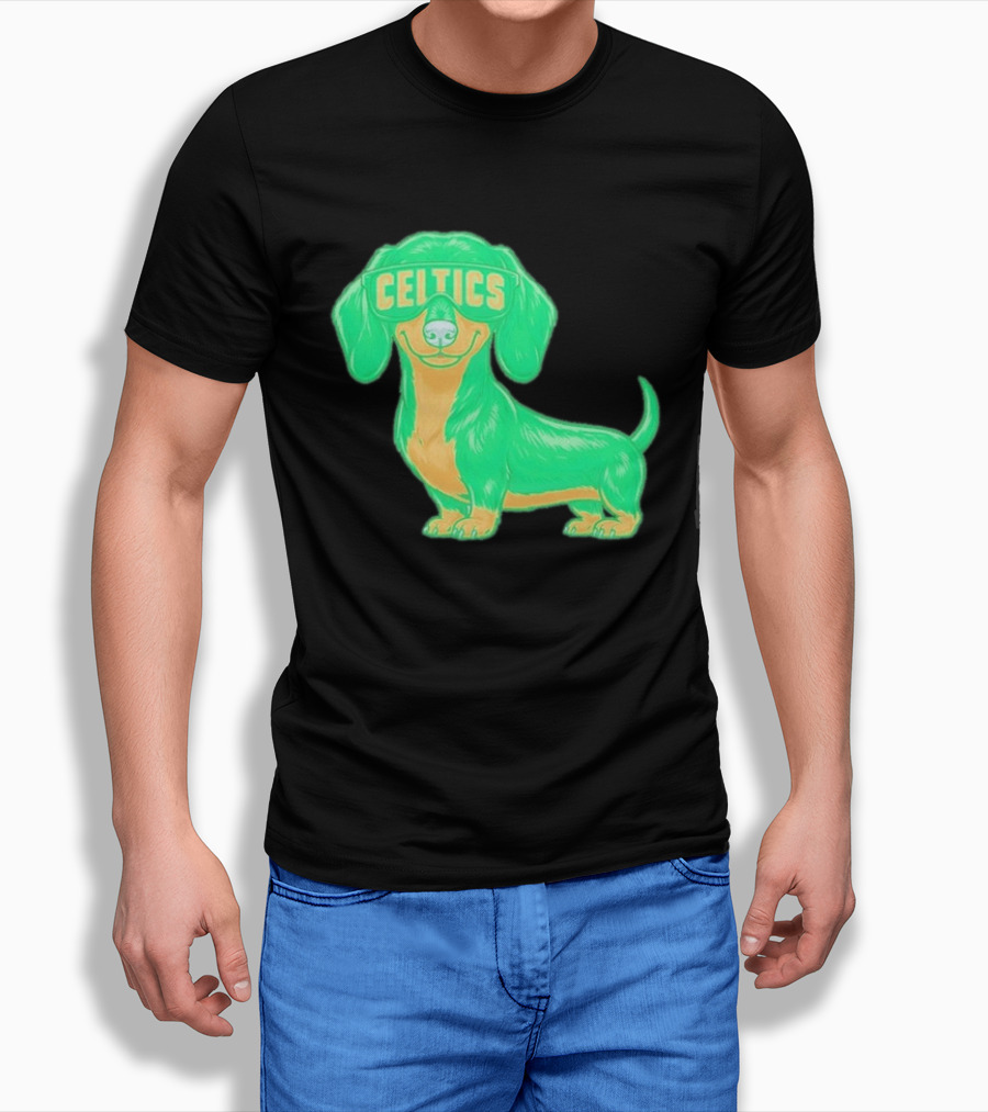 Boston Celtics Dachshund Cartoon Glasses T-Shirt