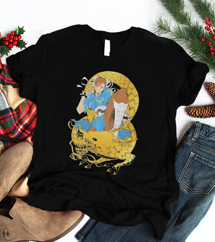 Chun Li Gold Dragon Kick Fighter Blue Outfit Gold Dragon T-Shirt