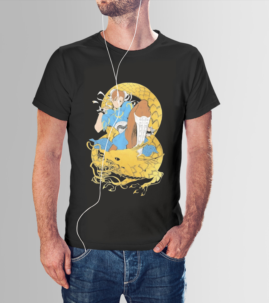 Chun Li Gold Dragon Kick Fighter Blue Outfit Gold Dragon T-Shirt