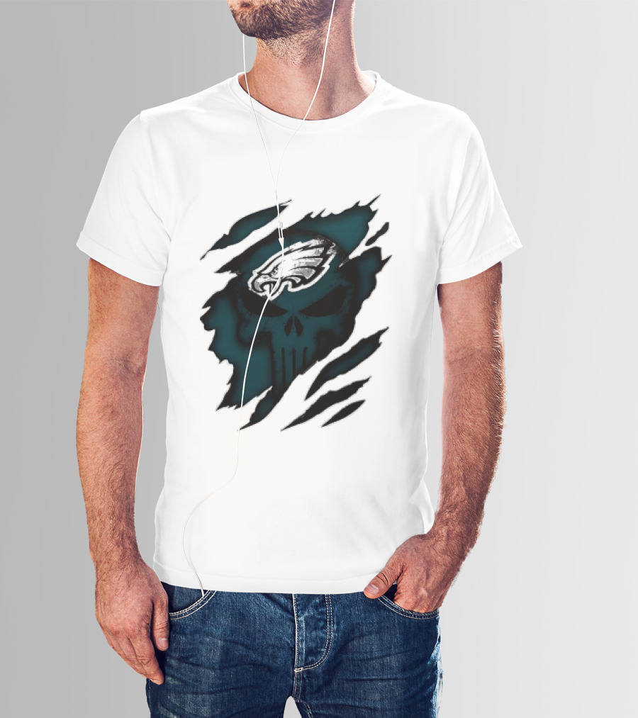 Philadelphia Eagles Punisher Skull Ripped Effect NFL Team Merchandise T-Shirt